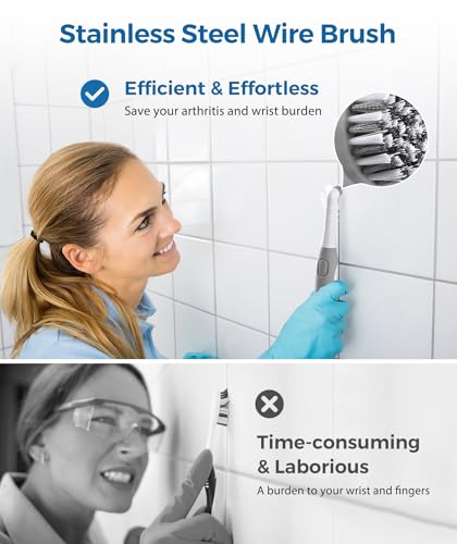kHelfer Electric Cleaning Brush with Battery Power, KH6A Small Electric Grout Brush&5 Replacement Brush, Lightweight Waterproof Stainless Steel Wire Brush for Grout, Tile, Corner, Kitchen, Bathroom - color: Gray& White