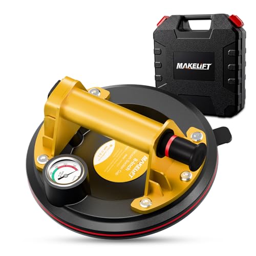 MAKELIFT Suction Cup for Glass, 8" Tile Suction Cup Tool, 130KG Max Load, Pressure Gauge, Towel & Gloves, Heavy-Duty Vacuum Lifter for Window, Windshield, Marble, Granite and Metal (1-Pack) - color: Yellow, size: 1-Pack