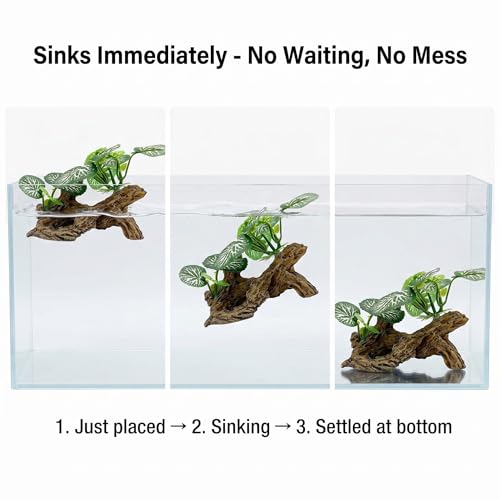 Aquarium Driftwood Decor 4 Inch - Resin Driftwood with Silk Plant Leaves, Fish Tank Decoration for Betta, African Dwarf Frog, Shrimp Hideout
