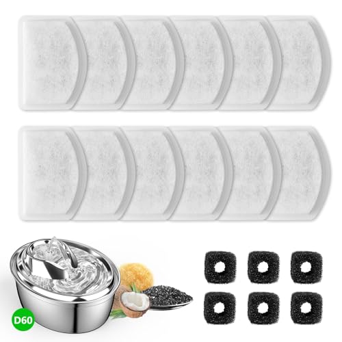 12+6 Pack Zeepet Cat Fountain Filters, Compatible with ORSDA Cat Water Fountain Filter for D60 100oz/3L Automatic Stainless Steel Pet Fountains, 12 Replacement Water Filters + 6 Pre-Filter Sponges