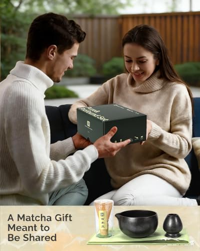 Maestri House Matcha Whisk Set, 7-Pc Complete Matcha Kit with Spouted Ceramic Bowl, Bamboo Whisk and Holder, Scoop, Spoon Rest & Sifter, Tea Cloth – Ideal Gift for Matcha Lovers (Black Stone) - color: Black Stone