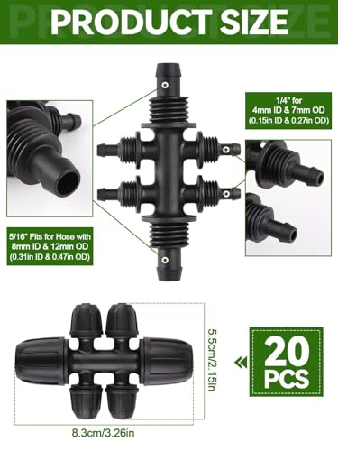 20PCS Locked Barbed Tee Connectors, Kalolary 5/16" to 1/4" Drip Irrigation Fittings Kit 8/12mm to 4/7mm Tube Lock Female Connector 6-Way Barbed Lock Irrigation Parts for Watering System (Black) - color: Black 5/16" to 1/4" 6-Way