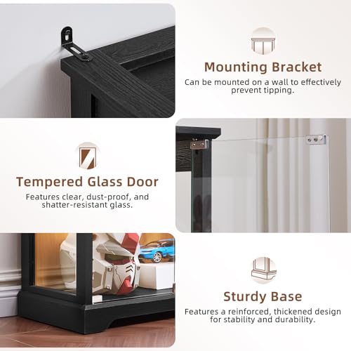 LELELINKY Farmhouse Glass Display Cabinet with Doors, Wooden Curio Cabinet for Collectibles with 3-Color LED Motion-Sensor Light & Reinforced Base, Black - color: Black, size: Single