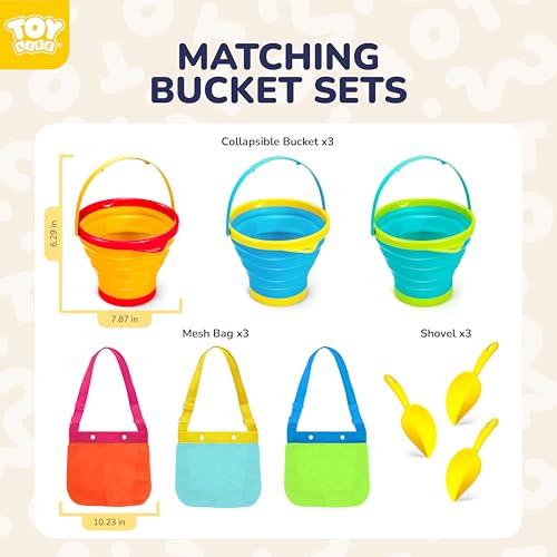 TOY Life Collapsible Beach Bucket Toys for Kids Beach Essentials with Portable 3 Seashell Bags & 3 Silicone Collapsible Sand Bucket & Shovels Travel Sand Toys Sandbox Toy for Fishing, Beach Party - color: Multicolor 3 Collapsible Buckets With 3 Bags