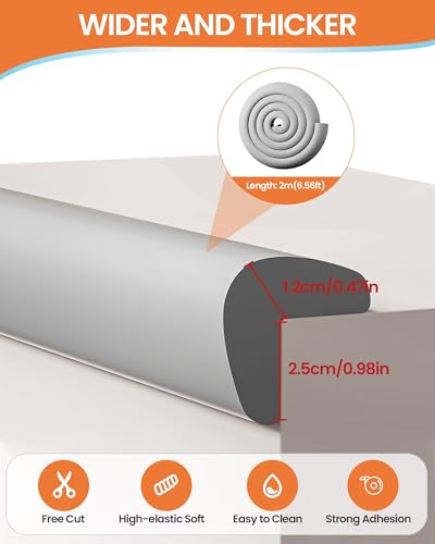 Baby Proof Edge Corner Protector, 6.56FT 0.47''Th L-Shape Furniture Corner & Edge Safety Bumpers with 6 Corners, Pre-Taped, Soft NBR Rubber Foam Desk Edge Cushion Wall Corner Protector（Grey） - color: Gray, size: 0.47''Th (6.56ft)