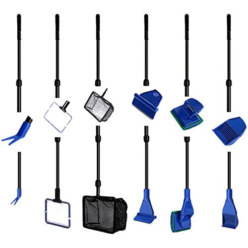 Aquarium Cleaning Tool Set, Fish Tank Cleaning 6-in-1 Set with Nets, Sponge Brush, Plant Fork, Scraper, Rake