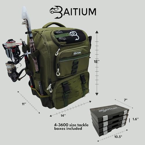 Baitium Fishing Backpack, Tackle Bag With Rod Holders, 40L Capacity With Cooler, Rain Cover, Insulated Pocket, 4 Tackle Trays Included- (Green) - color: Green