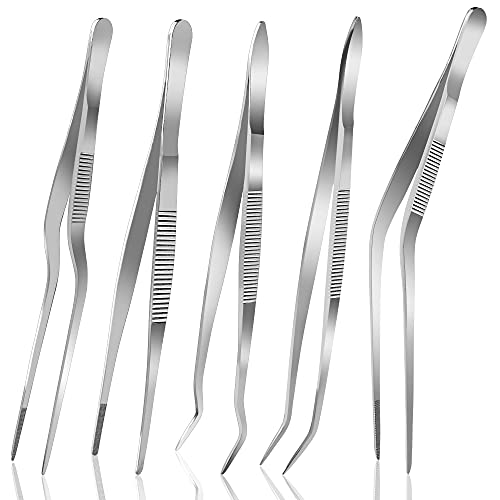 6.3 Inch Food Tweezers Stainless Steel with Precision Serrated Tips, 5PCS Kitchen Tweezers Set for Cooking, Baking, Cookie Cake Decoration, Metal Plating Tweezers - size: 6.3 in 5 PCS
