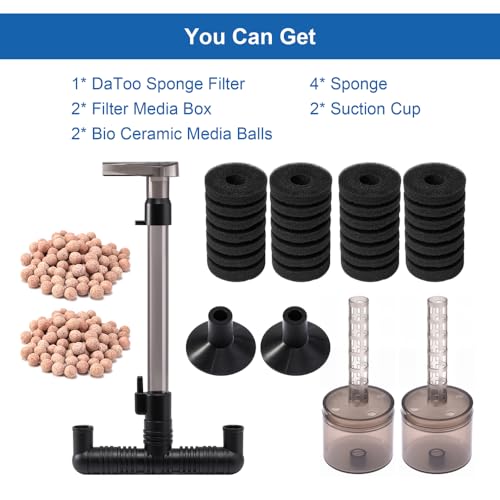 DaToo Aquarium Sponge Filter Fish Tank Foam Filter Quiet Submersible Bio Sponge Filter with 2 Spare Sponges and 1 Bag of Bio Ceramic Media Balls (DT-200A) - size: DT-200A (15 to 55 gallons)