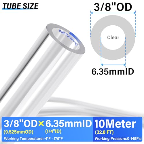 TAILONZ PNEUMATIC Clear 3/8 Inch OD 10 Meter 32.8ft PU Polyurethane Air Tubing Kit Pipe Hose Air Line Tubing Air Hose Fittings Push to Connect Fittings(27PCS) - color: Clear, size: 3/8" OD - 32.8 FT