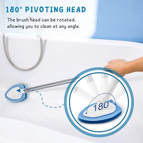 Shower Scrubber, Bathroom Tub and Tile Cleaner Brush with Long Handle, 47'' Bathtub Cleaning Tool with 6 Refill Pads - color: Blue, size: Scrubber with Long handle
