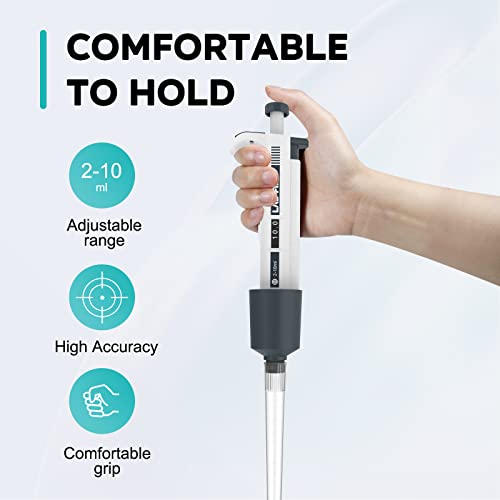 LAB FISH Laboratory Micropipette 2-10ml Capacity High Accurate Single Channel Pipettor Manual Adjustable Volume Pipettes Increment 0.1ml with 20pcs 10ml Pipette Tips Set - style: 2-10ml Set