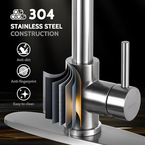 WEWE Kitchen Faucets, Brushed Nickel Kitchen Faucet with Pull Down Sprayer Spring Single Handle Stainless Steel Kitchen Sink Faucet with LED Light Deck Plate for Laundry Rv - color: Brushed Nickel, style: Modern