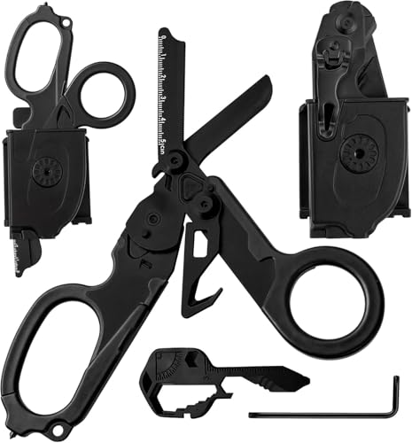 Heavy Duty 6 in 1 Multipurpose Emergency Trauma Shears Scissors with Holster, Outdoor Camping Rescue Tools with Glass Breaker, Strap Cutter Stainless Steel Foldable Scissors Pliers - color: Black/Black