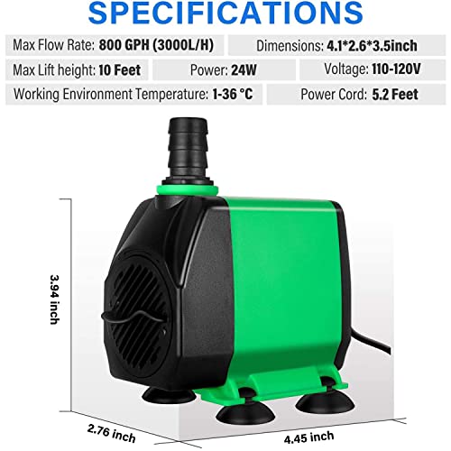 Simple Deluxe 10ft High Lift 800GPH 24W Submersible Pump (3000L/H) with 3 Size Nozzles for Fish Tank, Pond, Aquarium, Statuary, Hydroponics, Fountain, Green - size: 800GPH-Standard