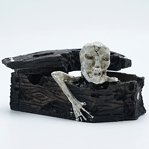 Skull Aquarium Fish Reptile Tank Decoration Resin Cave House Skeleton Small Pet Decorative Landscape Terrarium Ornament Halloween Décor for Snake Lizard Spider Tanks - color: Death Coffin