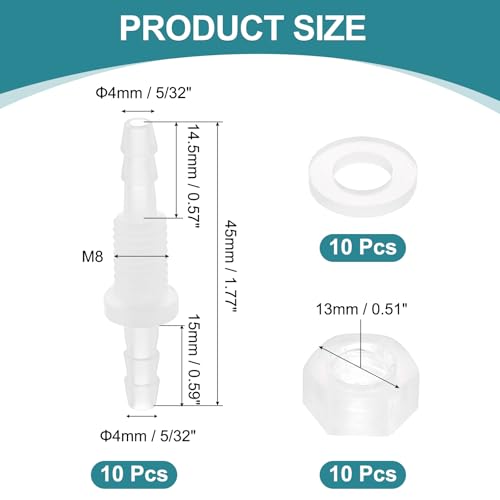 uxcell 10Pcs Plastic Hose Barb Fitting, 5/32" x 5/32" Bulkhead Adapter Union Splicer Mender Pipe Connector with M8 Nut and Washer for Aquarium Air Water Fuel - size: 5/32" x 5/32", M8 Nut