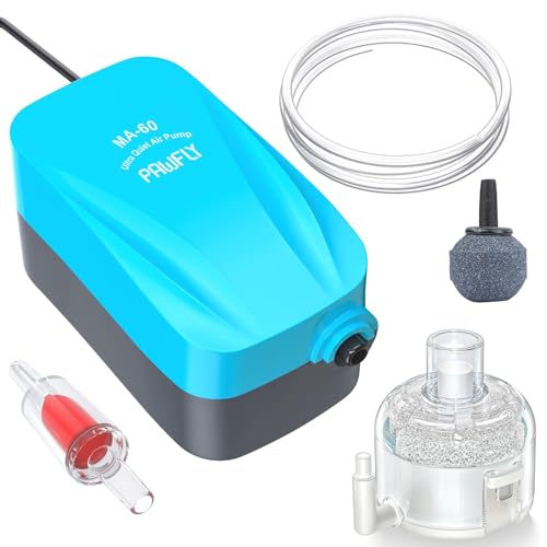 Pawfly Aquarium Compact Air Pump for 3-20 Gallon Buckets and Fish Tanks Quiet Oxygen Aerator Pump with Air Stone, Nano Bio Sponge Filter, Airline Tubing and Check Valve Accessories - style: With Bio Sponge Filter