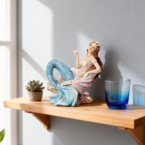 Rayberro 4.72" Mermaid Figurine Resin Mermaid Sculpture Mediterranean Princess Statue Home Office Desktop Ornaments Bookshelf Decor Mermaid Collectible Crafts Fish Tank Aquarium Decoration - color: Blue Pearl