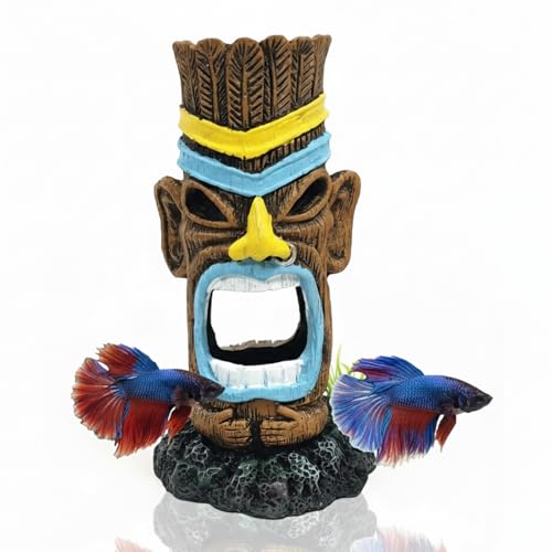 Small Aquarium Decor Cave Hideout, Smooth Resin Fish Tank Decorations with Tiki, Betta Hideout for Reptiles, Shrimp & Axolotl Tanks (2.8x2.8x4.9 Inch)