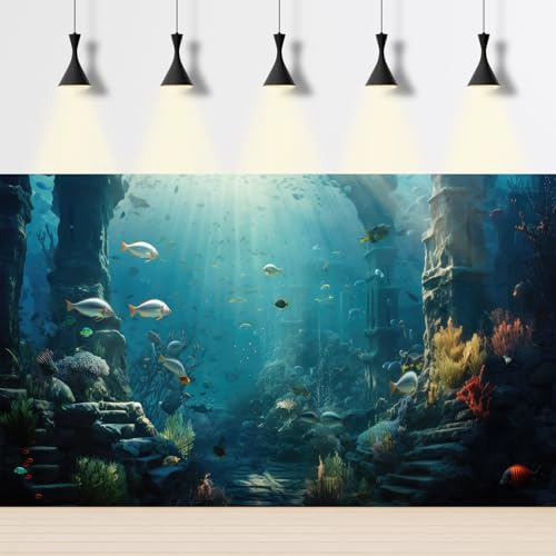 Under The Sea Aquarium Background Underwater Cave Ruins Fish Tank Background Aquatic Seagrass Coral Reefs Sunken Rocky Column Terrarium Backgrounds Underwater City Reptile Tank Backgrounds 24x12in - color: Foggy Blue_Grey, size: 24(W)x12(H)in