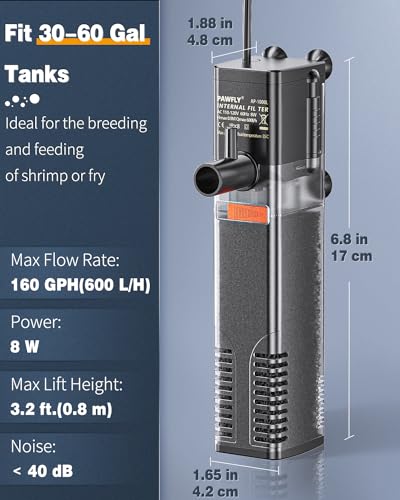 Pawfly Internal Aquarium Filter with 160 GPH Water Pump Quiet Submersible Bio Sponge Foam Filter for 30 to 60 Gallon Fish Tanks Multifunctional Filter for Filtration Circulation and Oxygenation - size: 30-60 Gal