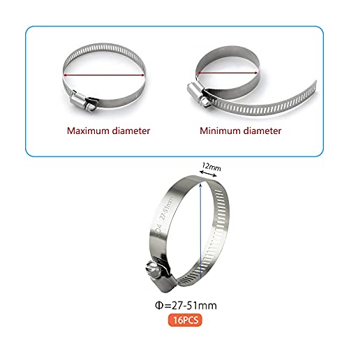 ZIPCCI Hose Clamp, 1-2 Inch Worm Gear Hose Clamps Stainless Steel for Fuel Line, Pipe, Radiator, Tube and Fuel Line, 27-51mm (16pack) - size: 27-51mm