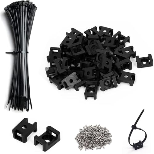 Cable Zip Tie Mounts Kit-50 Pcs Cable Zip Tie Saddle Type Mounts Base with 50 Pcs 8" Cable Ties and 50 Pcs Tapping Screw, Wire Cable Clips Organizer Holders Clamps - size: H2-50PCS