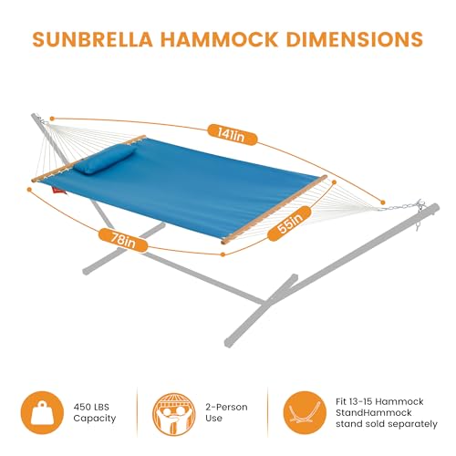 Lazy Daze Hammocks 12 FT Sunbrella Fabric Hammock non-fading with Spreader Bars and Free Pillow Fits for 2 Persons, All Weather and Fade Resistant for Patio Yard, 450 lbs Capacity, Canvas Pacific Blue - color: Canvas Pacific Blue