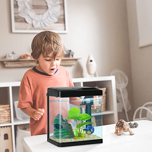 Betta Fish Tank Self Cleaning Glass 2 Gallon Small Nano Aquarium Starter Kits Desktop Room Decor w/LED Light Decorations & Whisper Filters Water Pump (Fish Tank) - size: 2 Gallon