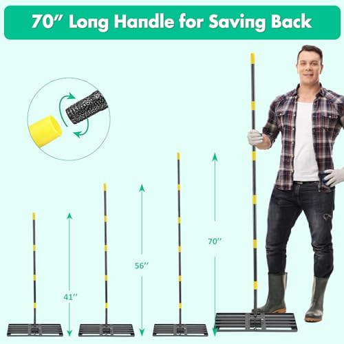 Lawn Leveling Rake,Folding 30x10 Inch Ground Plate,70 Inch Adjustable Long Handle Yard Level Tool with Curved Edge,Heavy Duty Landscaping Lawn Leveler for Grass, Golf Field, Soil Sand Dirt Spreader - size: 30"x10", 78"