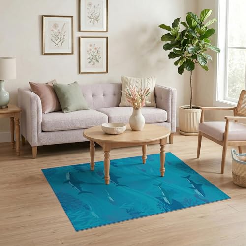 4'x6' Washable Flatwoven Rug, Blue Graphic Fish Easy Care Throw Carpet for Dorm Room, Small Living Room, Apartment, Stain Resistant Low Profile Floor Covering | Ref:2068649 - color: Blue/Pattern 13, size: 4' x 6' (Rectangular)