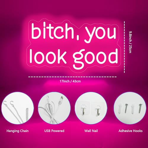 Bitch，You Look Good Neon Sign for Wall Decor Trendy Positive Neon Led Sign Beside the Mirror Bathroom Funny Neon Light Sign Dimmable Motivational Light Up Sign for Girls Bedroom Party Home Living Room Cloakroom - color: Neon Good