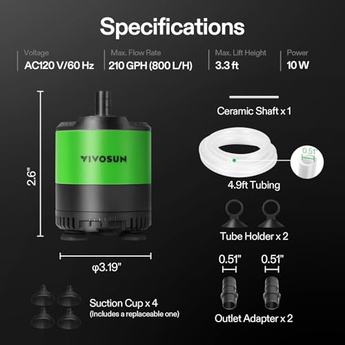 VIVOSUN 210 GPH 10W Submersible Water Pump, with Adjustable Water Flow, 4.9ft Tubing, Additional Ceramic Shaft, and Outlet Adapters, for Fish Tanks, Aquariums, Hydroponics, Fountains - size: 210 GPH