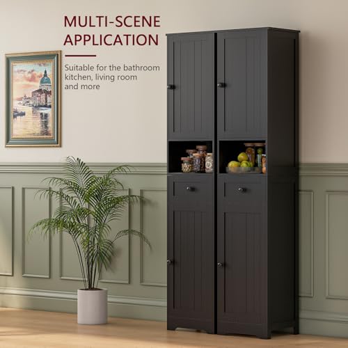 Tall Bathroom Cabinet,Storage Cabinet with 5 Shelves & 1 Drawer, with Adjustable Shelve, for Bathroom, Kitchen, Entryway, Living Room (Black) - color: Black