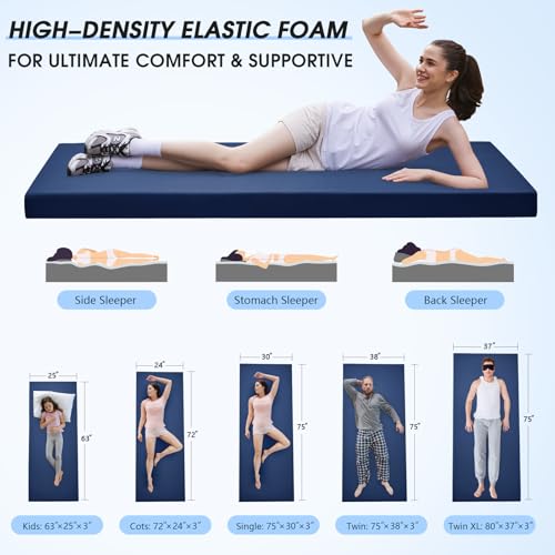 CYMULA 3 Inch Memory Foam Camping Pad, Camping Essentials Roll Up Floor Mat for Car Camping, Cot, Tent, Truck, Travel and Guest Use, Non-Slip Waterproof Bottom, Removable Cover - color: DARK BLUE, size: Twin XL:80*38*3