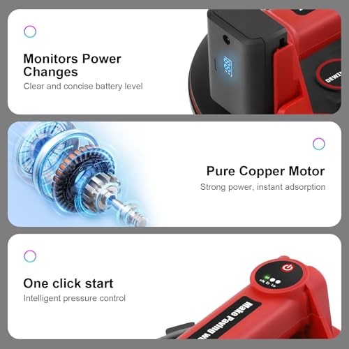DEWINNER 8" Electric Vacuum Suction Cup with Pressure Gauge,Heavy Duty Glass Lifter,Industrial Strength Suction Cup,Auto Start Pump for Glass,Granite,Tile,Metal,300KG/660LBS Load Capacity - color: Red2 with 2 batteries