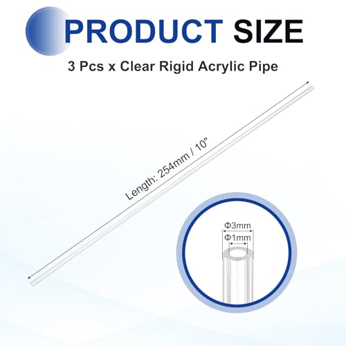 uxcell 3Pcs Clear Rigid Acrylic Pipe, 1mm (0.04") ID x 3mm(0.12") OD 254mm(10") Length Plastic Round Tube PMMA Tubing for Plumbing Lighting Aquarium Tube Water Cooling System - size: 1mm (0.04") ID x 3mm(0.12") OD x 254mm(10") L