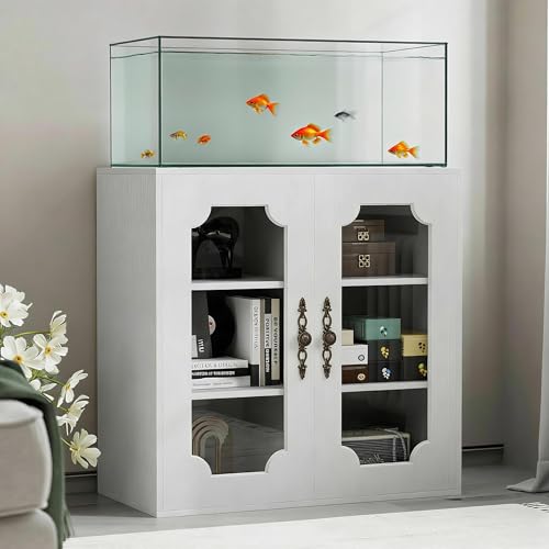 20 Gallon Aquarium Stand with Glass Door, Modern Fish Tank Stand, Reptile Tank Stand Terrarium Stand with Adjustable Shelves & Cabinet Storage, Sturdy Heavy Duty 31.5"×15.7" Tabletop