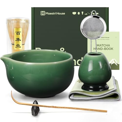 Maestri House Matcha Whisk Set, 7-Pc Complete Matcha Kit with Spouted Ceramic Bowl, Bamboo Whisk and Holder, Scoop, Spoon Rest & Sifter, Tea Cloth – Ideal Gift for Matcha Lovers (Emerald Kanso) - color: Emerald Kanso
