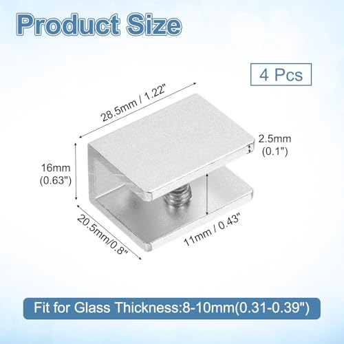 uxcell 4Pcs Glass Shelf Brackets, for 8-10mm Square Shape Glass Combination Fixing Mirror Bracket, Aluminum Alloy Clip Clamp with Screws for Glass/Wood Display Cabinet, Silver Tone - color: Silver Tone, size: 8-10mm