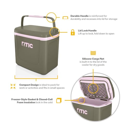 RTIC 8 QT Road Trip Personal Cooler, Small, Compact, Insulated, Portable Ice Chest Box for Food, Drink, Beverage, Beach, Camping, Picnic, Fishing, Boat, 12-Can Capacity - color: Olive/Pale Pink