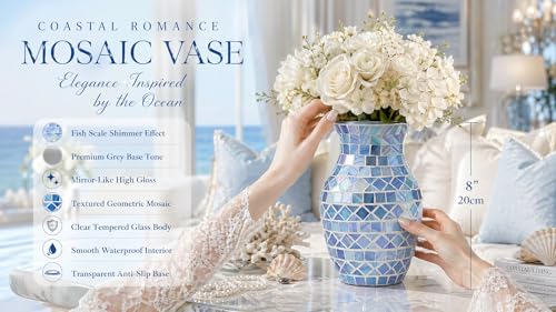 8" Premium Grey Mosaic Vase, High-Gloss Cyan-Blue Fish Scale Glass Flower Vase, Mirror-Effect Modern Art Centerpiece for Coastal Home & Office Decor - color: Blue Grey