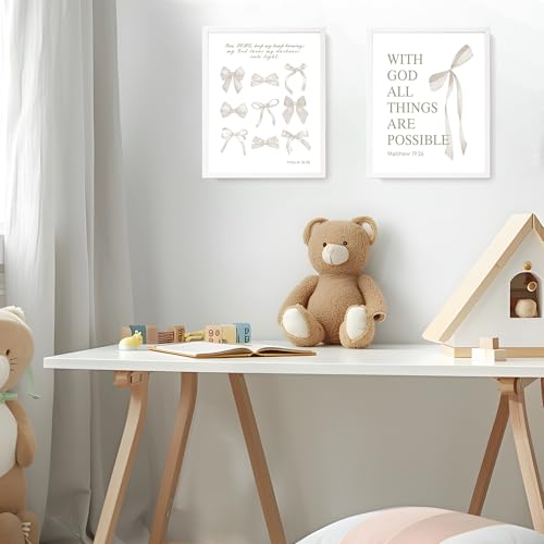 LARTSFRO Coquette Beige Bow Christian Wall Art Decor Posters, Beige Bow Christian Room Bedroom Bathroom Dorm Wall Art Decor Aesthetic for Women College Teen Girls Gifts, Inspirational Bible Verses Bow Wall Decor, 10x8 Inch Set of 4 Pcs Bow Pictures (UNFRA