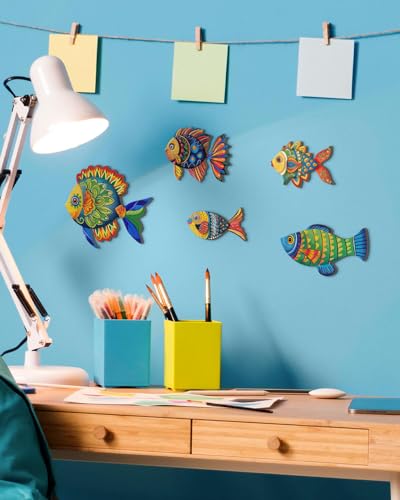 Putuo Decor 5 Pcs Wooden Fish Wall Decor Beach Nautical Coastal Theme Fish Wall Sculpture Lake House Ocean Decor Vintage Ornaments for Home Bathroom Bedroom