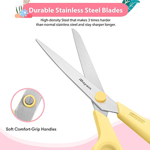 Scissors, iBayam 8" All Purpose Scissors Bulk 3-Pack, Ultra Sharp 2.5mm Thick Blade Shears Comfort-Grip for Office Desk Accessories Sewing Fabric Home Craft School Supplies, Right/Left Handed - color: Yellow, Pink, Green, size: 3-Pack