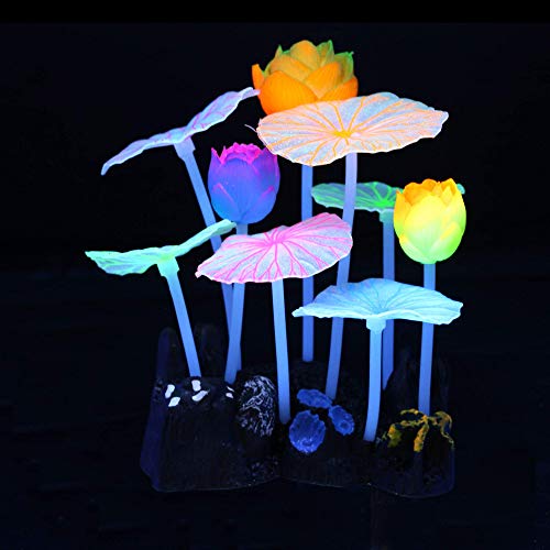 4 Pack Glow Aquarium Decorations Coral Anemone Lotus Leaf Seaweed Simulation Glow Plant Glowing Effect Silicone for Fish Tank Decorations - color: 4 Pcs(branch Coral+anemone+lotus Leaf+seaweed)