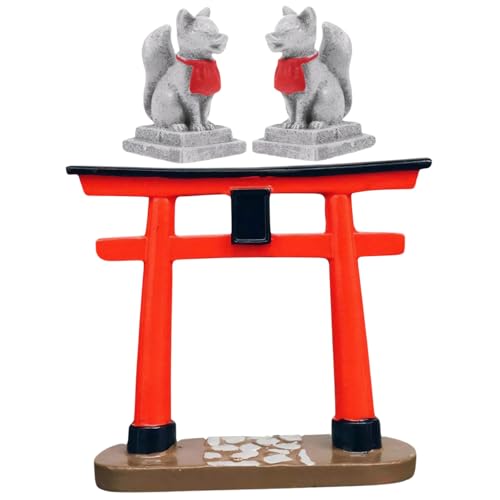 Japanese Garden Decor, Resin Simulation Torii Gate and Fox Statue, Mini Zen Garden Accessories Fox Statues Fox Figurine Aquarium Decorations for Bonsai, Sand Table, Garden, Aquarium, Fish Tank