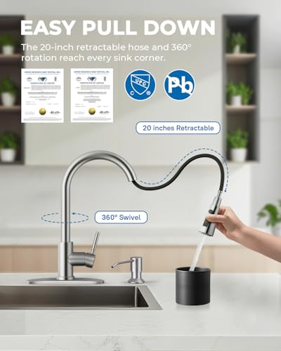 WEWE Kitchen Faucet with Soap Dispenser and Pull Down Sprayer, RV Single Handle Classic 3 Modes Stainless Steel Faucet for Kitchen Sink, RV, Stainless Steel - color: Brushed Nickel, style: Classic