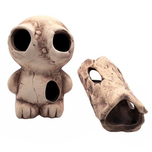 M2cbridge Aquarium Ceramic Cave Rock for Betta Shrimp Cichlid Fish Hideout Decor (Monster + Log) - color: Monster + Log